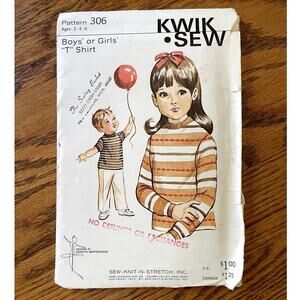 UNCUT Vintage 1970s Kwik Sew 306 Sewing Pattern Sz 2-6yr old Boy or Girl T Shirt